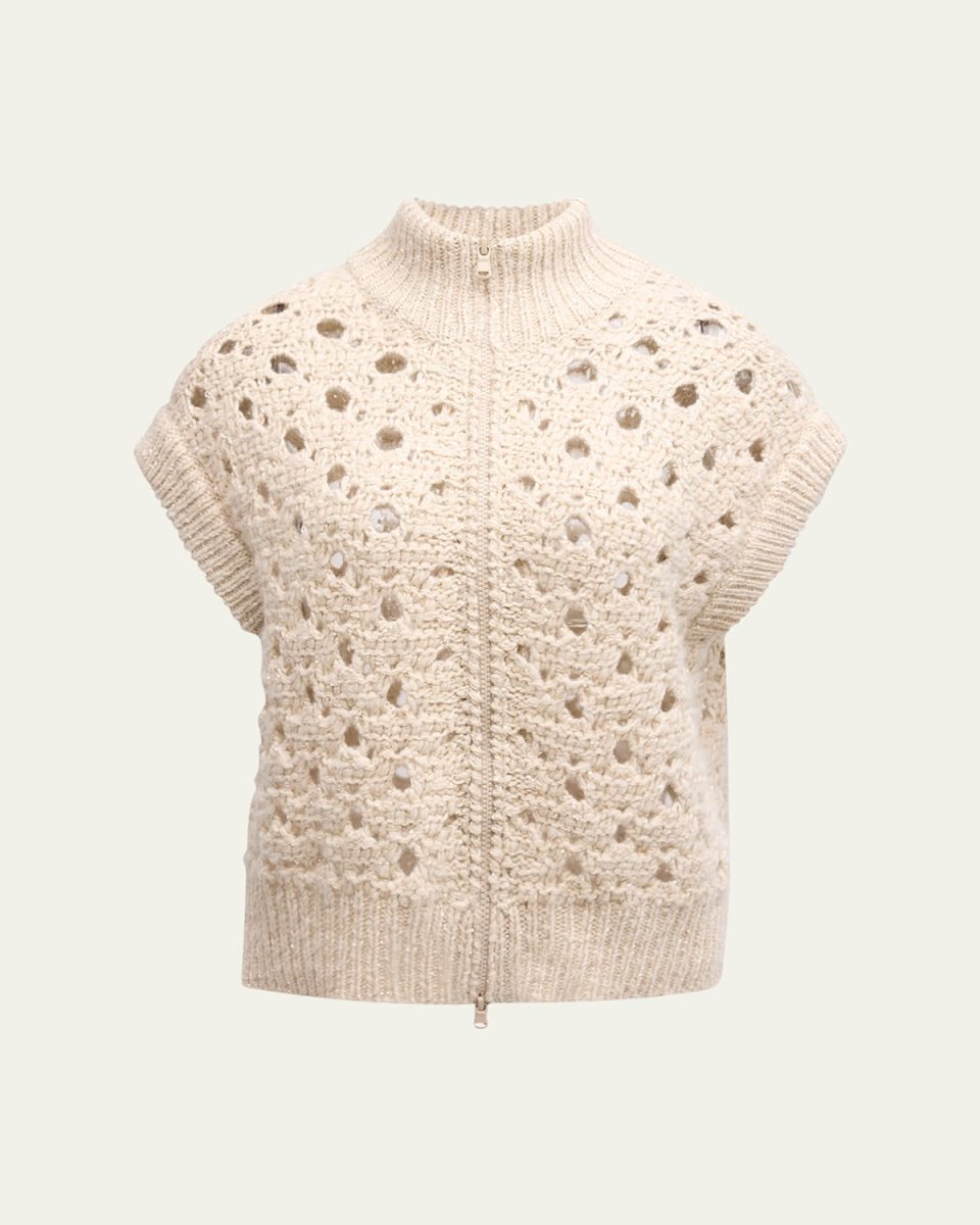 High-Neck Paillette Round Open-Weave Zip Cashmere Cardigan